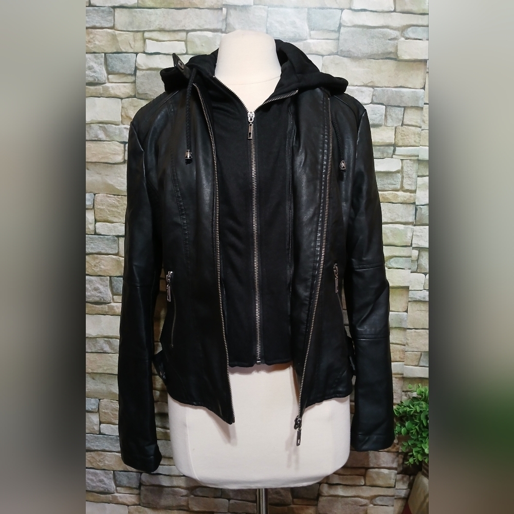 Made By Johnny Faux Leather Moto Jacket Removable Hood Insert
